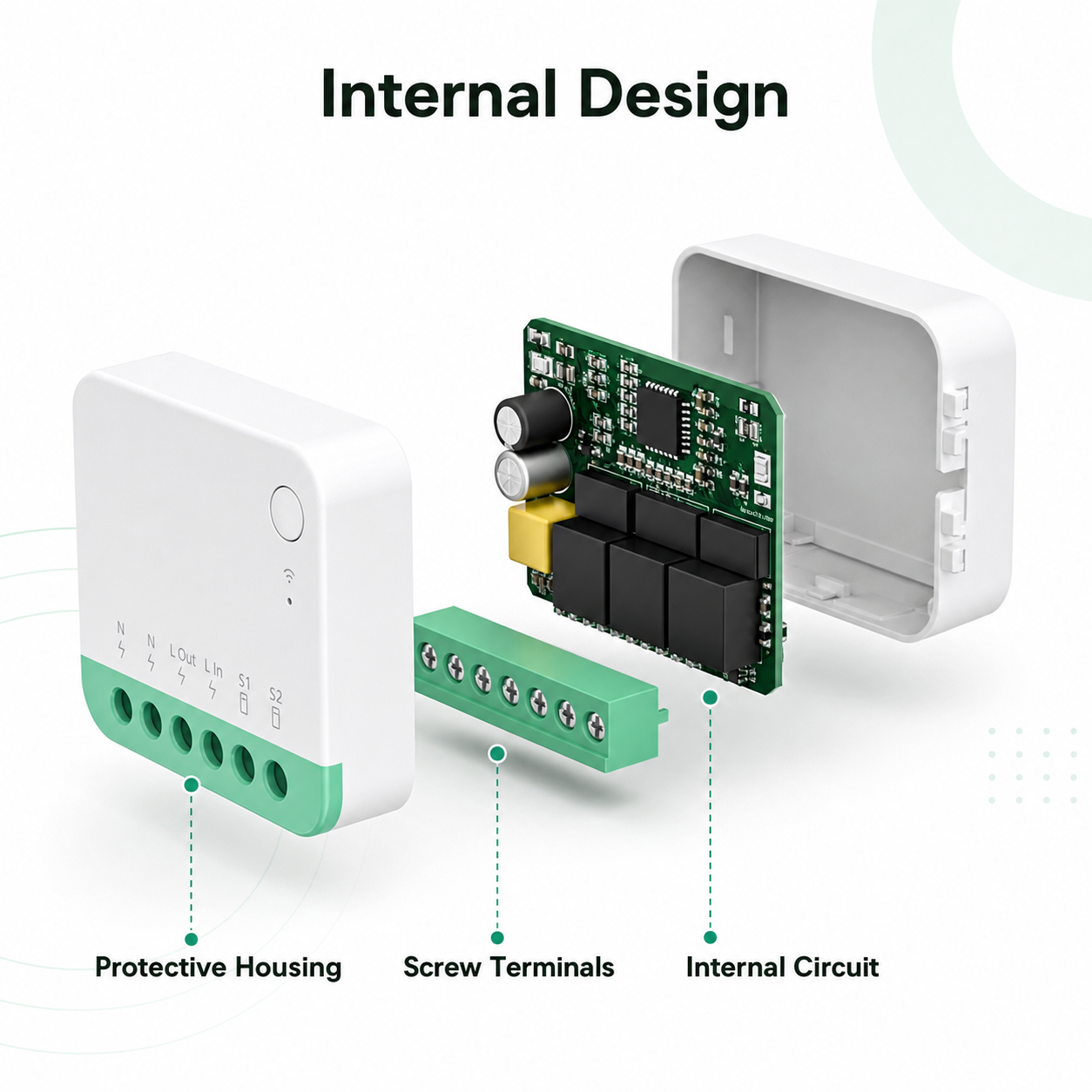 Exploded internal design of compact Matter-compatible relay module