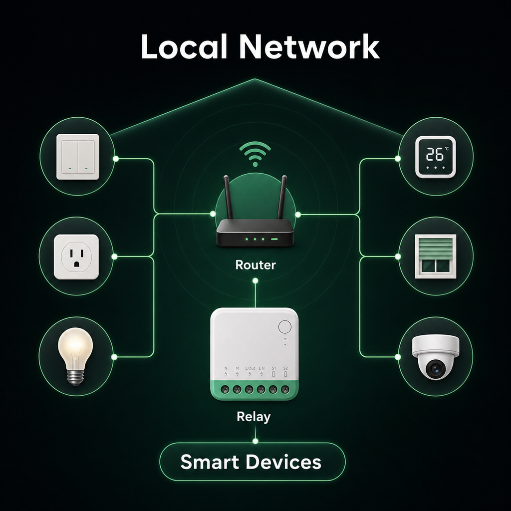 Local network control diagram for compact Matter-compatible relay module