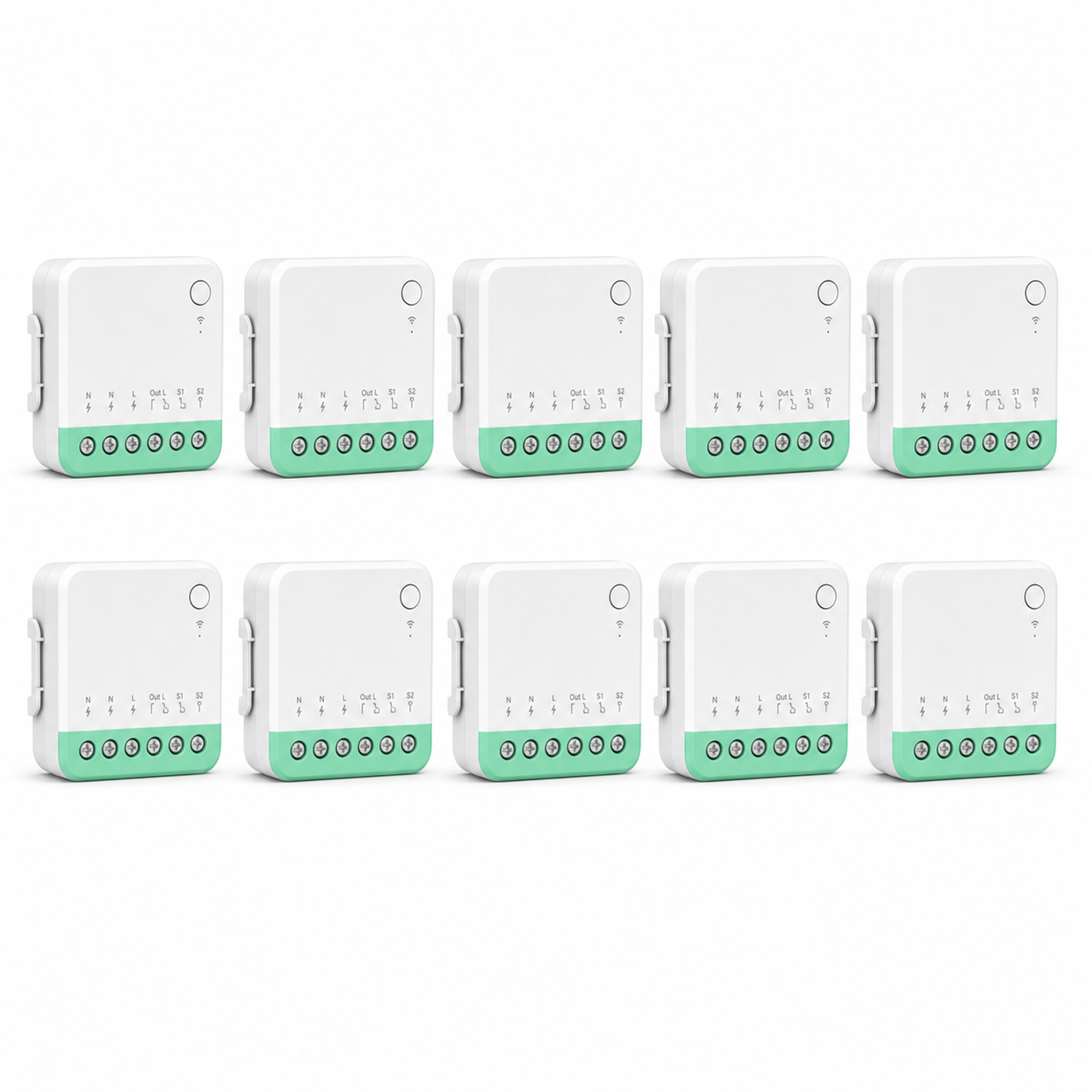 Lot de 10 modules relais Wi-Fi Matter NéoRelay Mini R4M Pro sur fond blanc