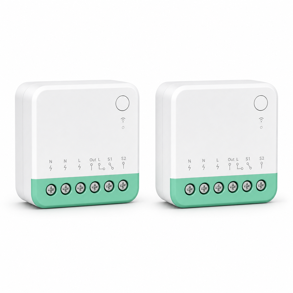 Lot de 2 modules relais Wi-Fi Matter NéoRelay Mini R4M Pro sur fond blanc