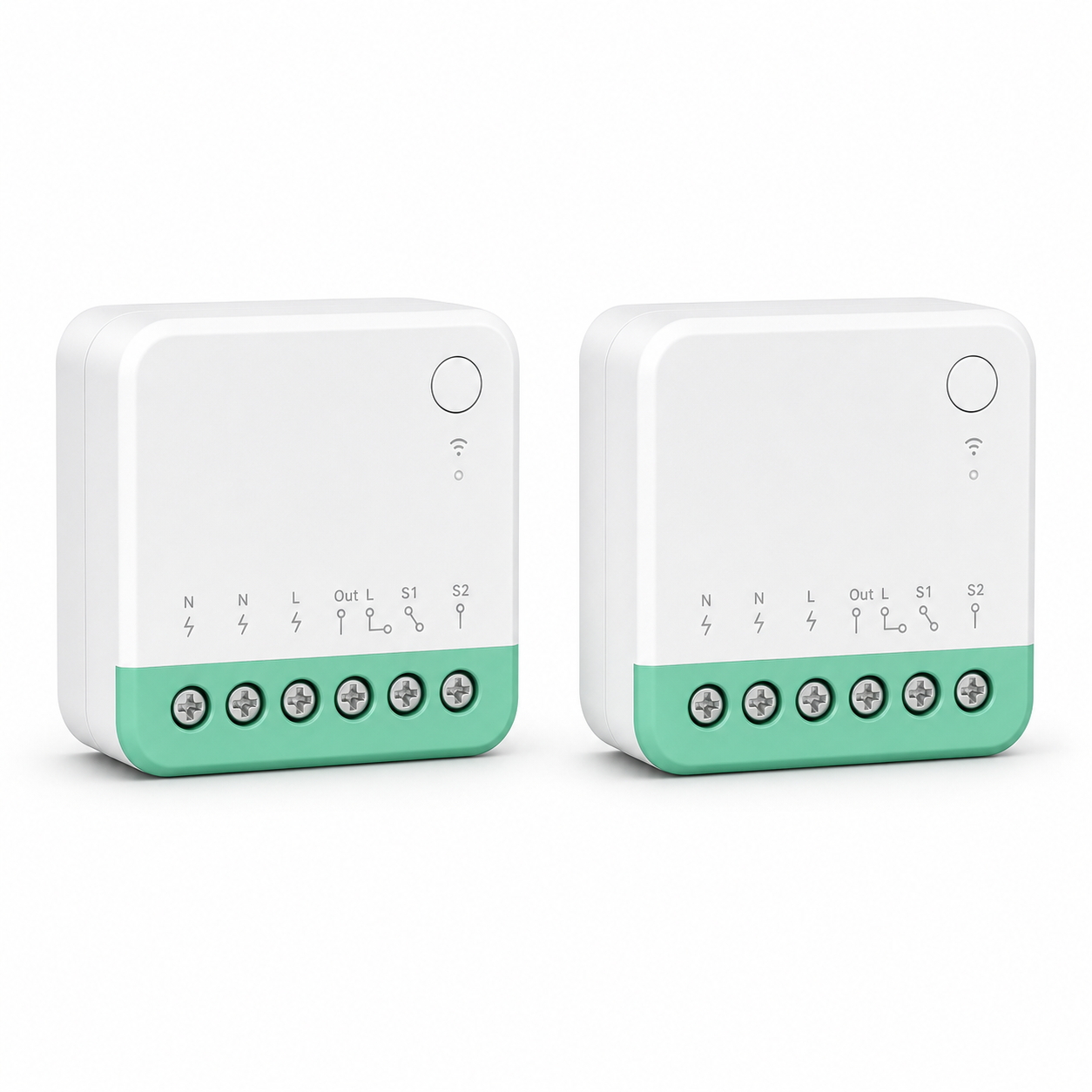Lot de 2 modules relais Wi-Fi Matter NéoRelay Mini R4M Pro sur fond blanc