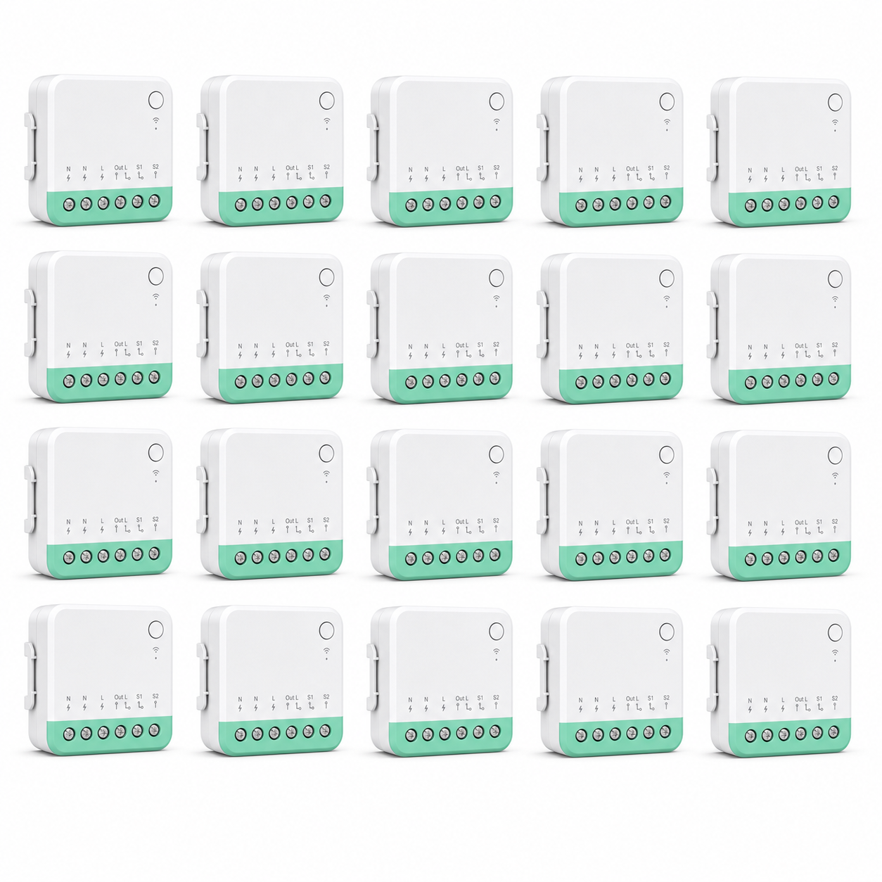 Lot de 20 modules relais Wi-Fi Matter NéoRelay Mini R4M Pro sur fond blanc