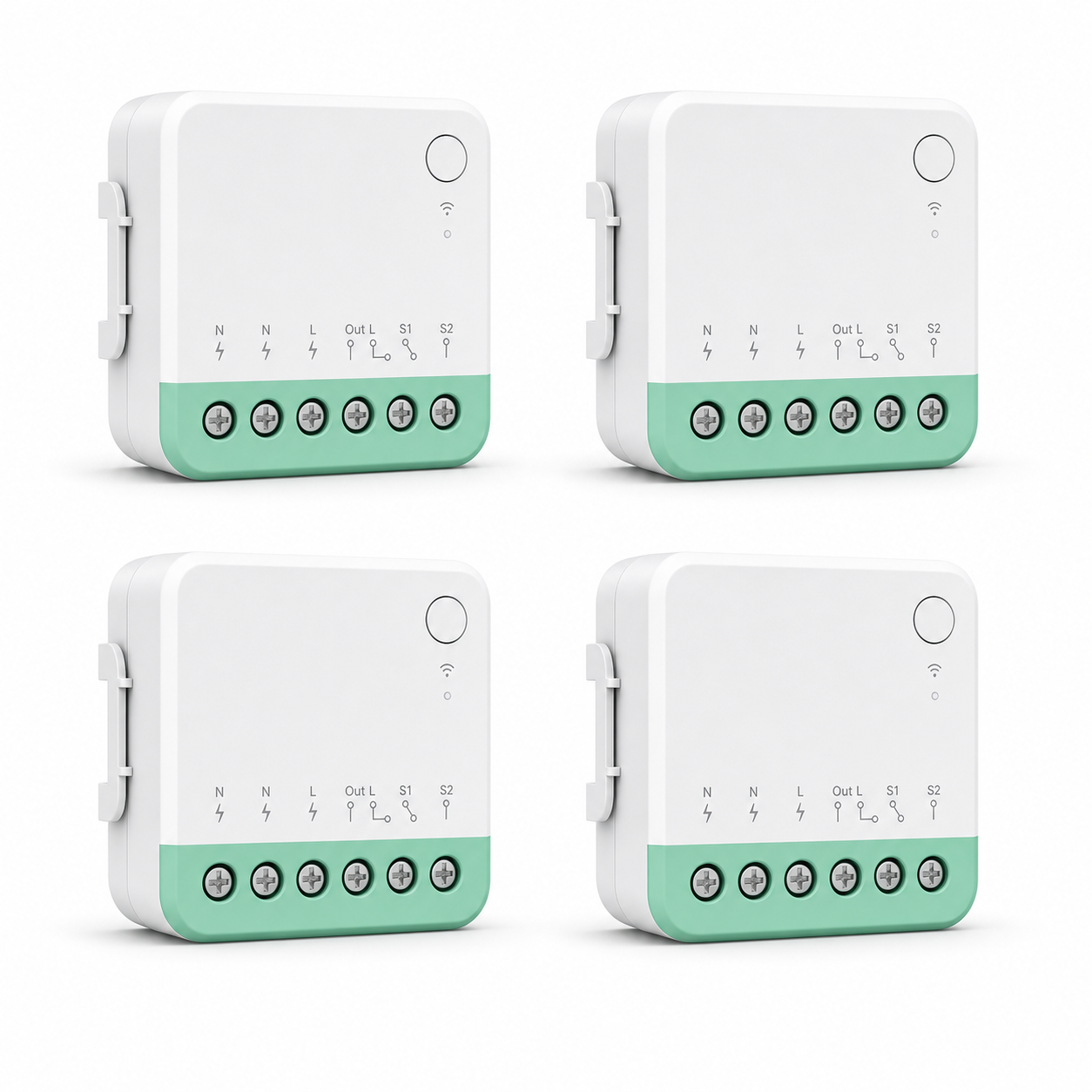 Lot de 4 modules relais Wi-Fi Matter NéoRelay Mini R4M Pro sur fond blanc