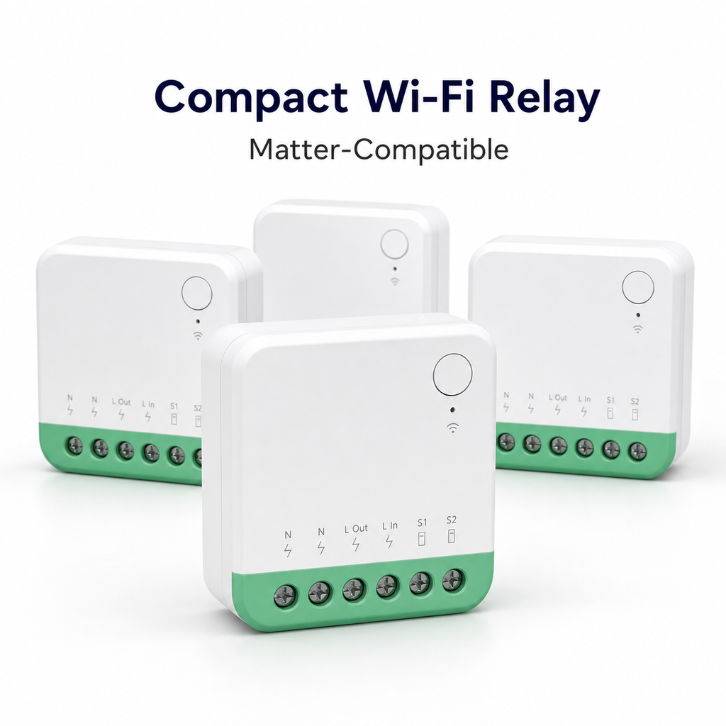 Studio packshot of compact Wi-Fi Matter-compatible relay modules with green terminals