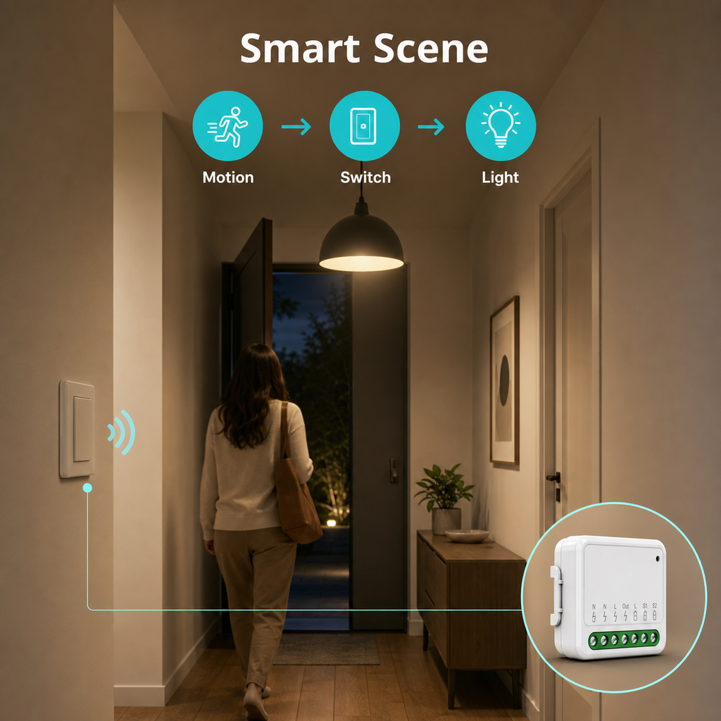 Motion-triggered lighting scene with compact Matter-compatible relay