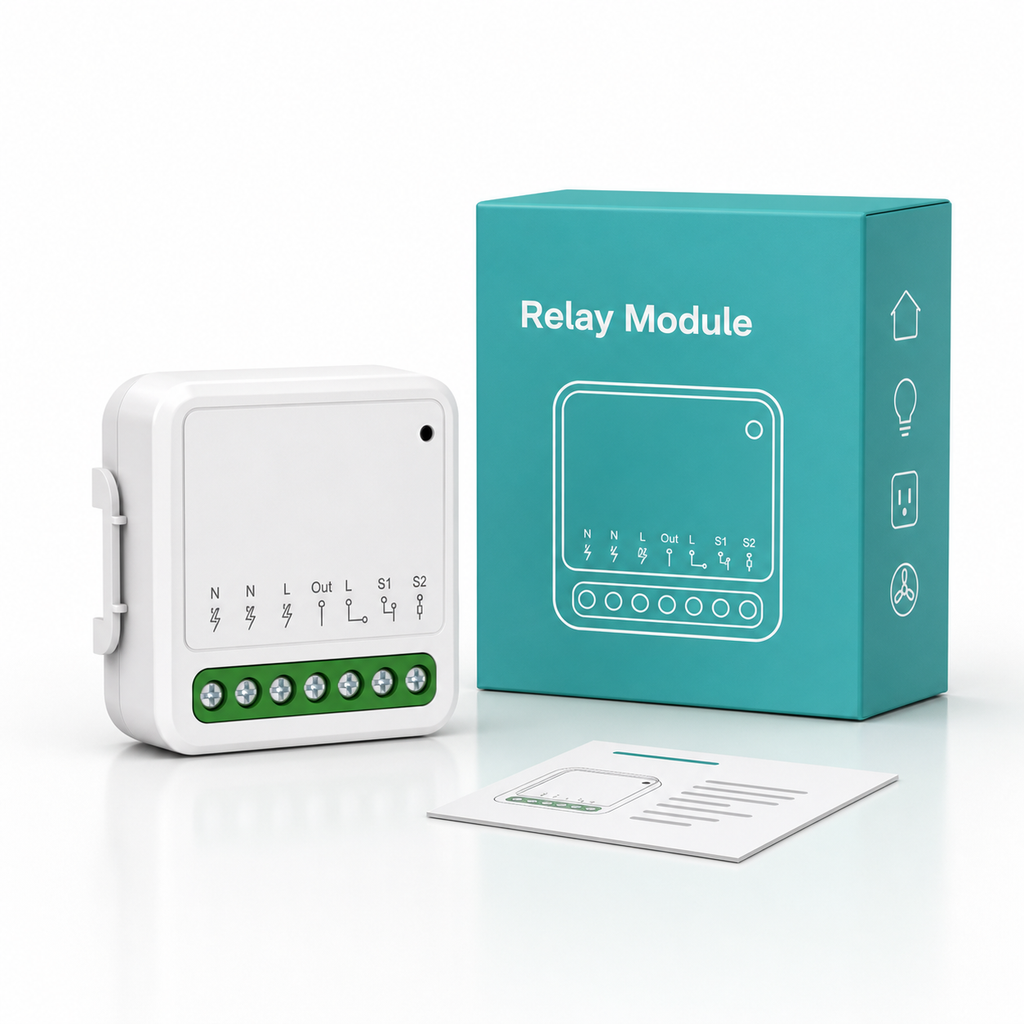 Studio packshot of compact Matter-compatible relay with neutral packaging