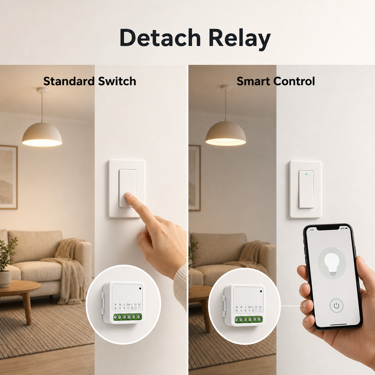 Detach relay before and after smart control concept for a light circuit