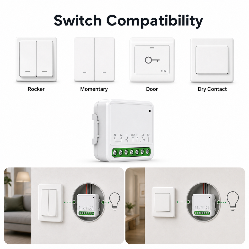 Switch compatibility overview for compact Matter-compatible relay module