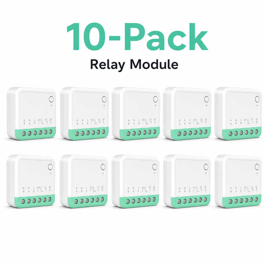 Ten-pack studio image of compact Matter-compatible relay modules