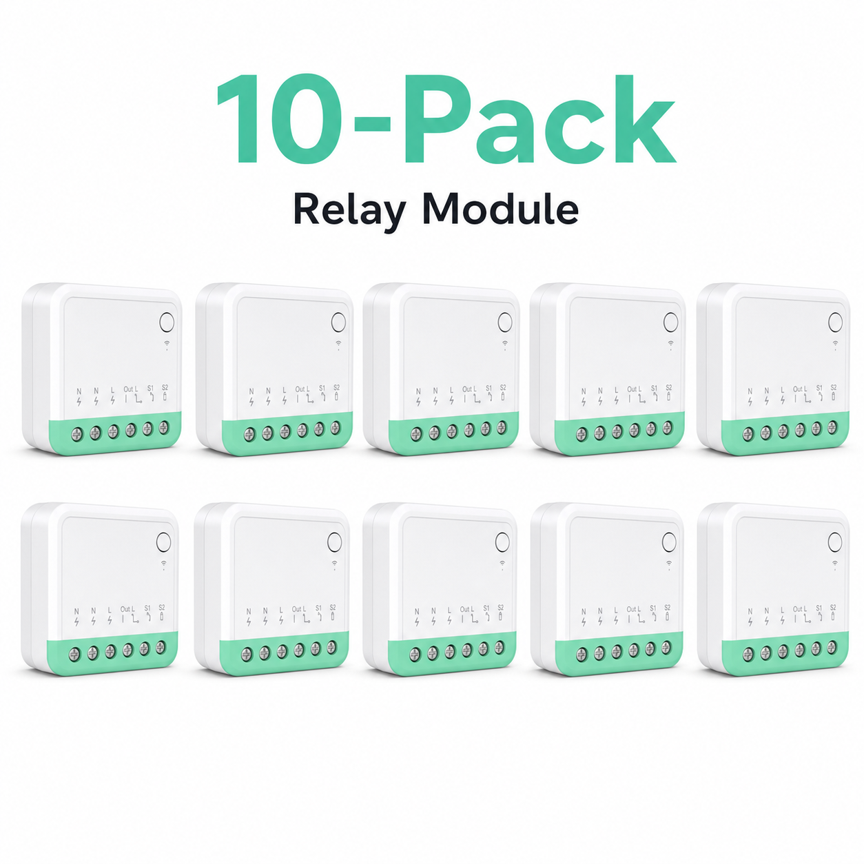 Ten-pack studio image of compact Matter-compatible relay modules