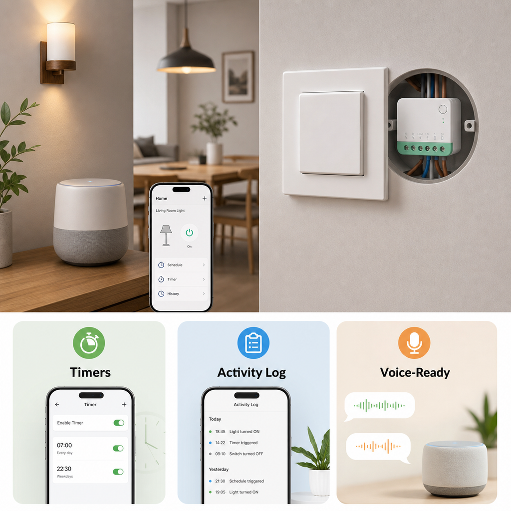 Feature overview with timers activity log and voice-ready control for compact relay
