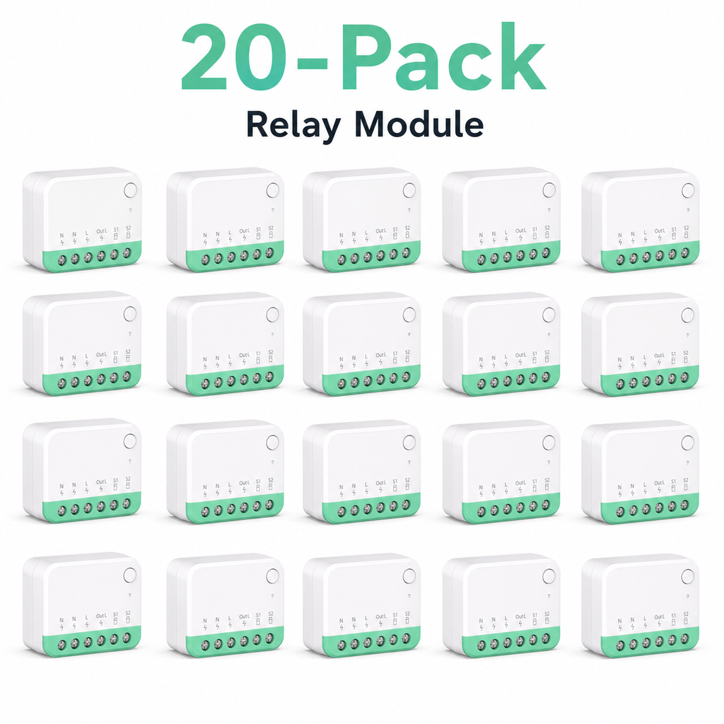 Twenty-pack studio image of compact Matter-compatible relay modules