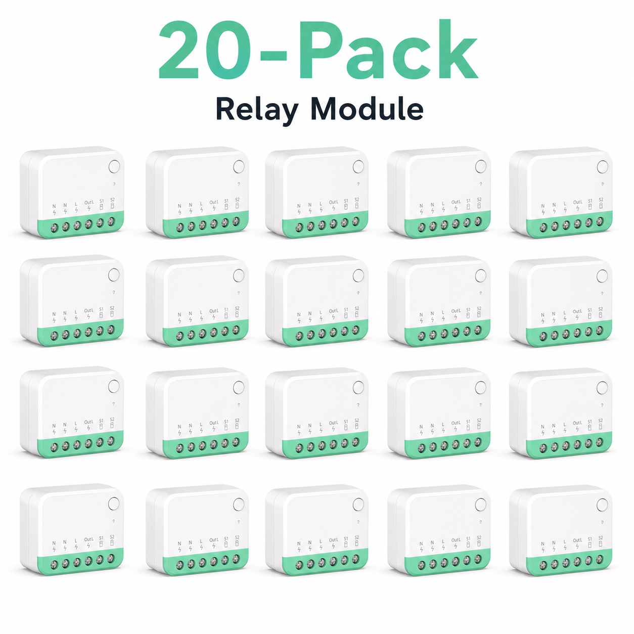 Twenty-pack studio image of compact Matter-compatible relay modules