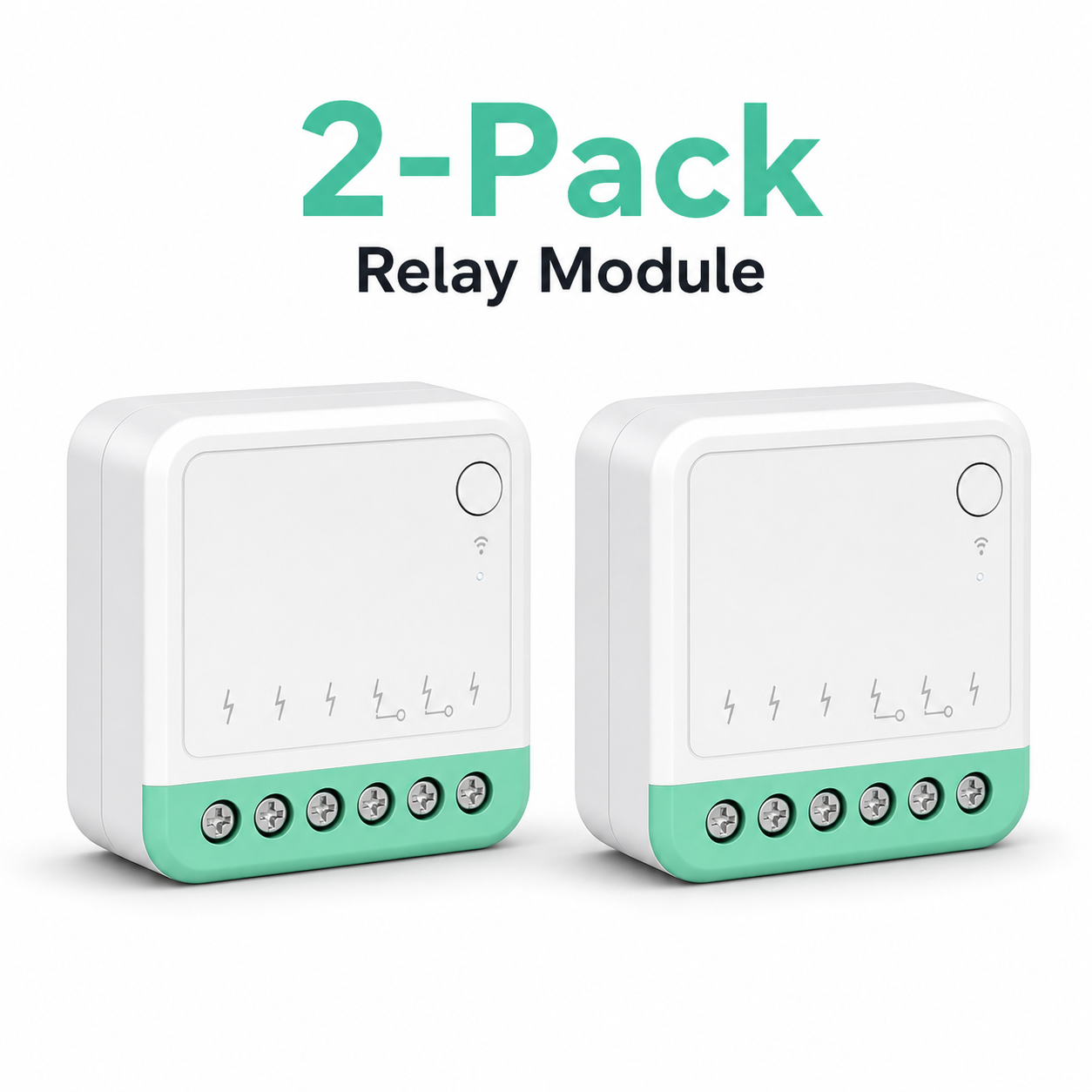 Two-pack studio image of compact Matter-compatible relay modules
