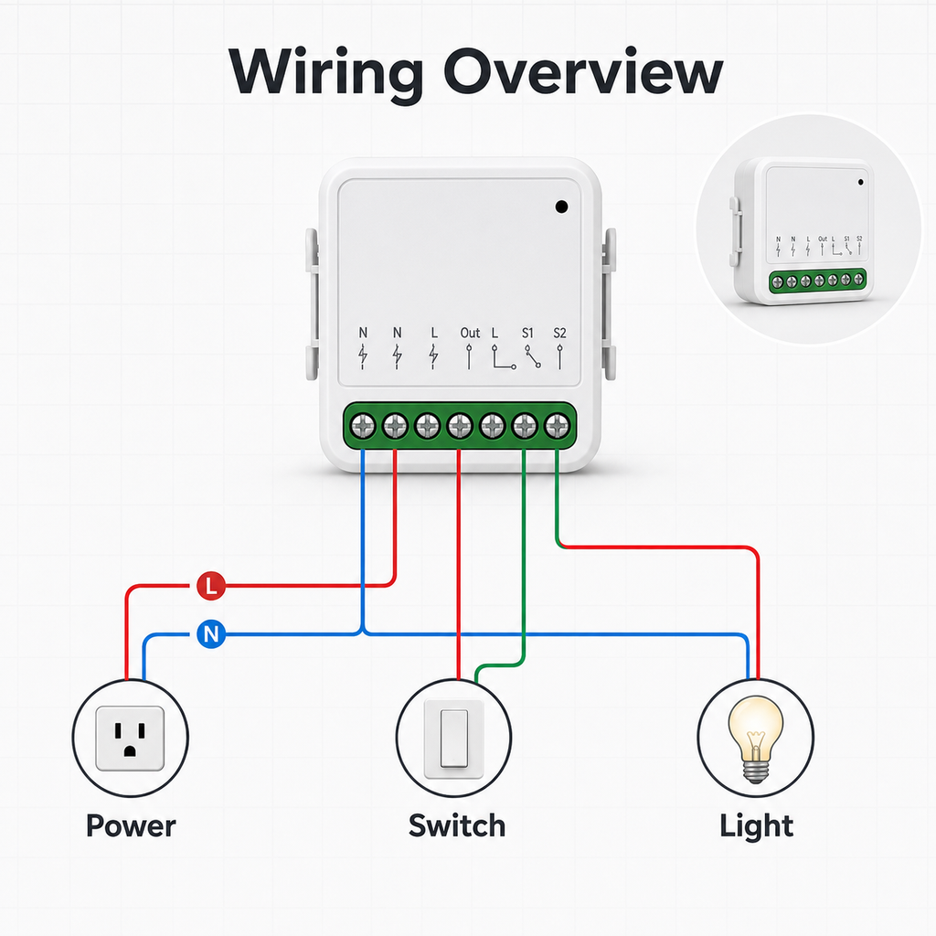 Simplified wiring overview for compact Matter-compatible relay module