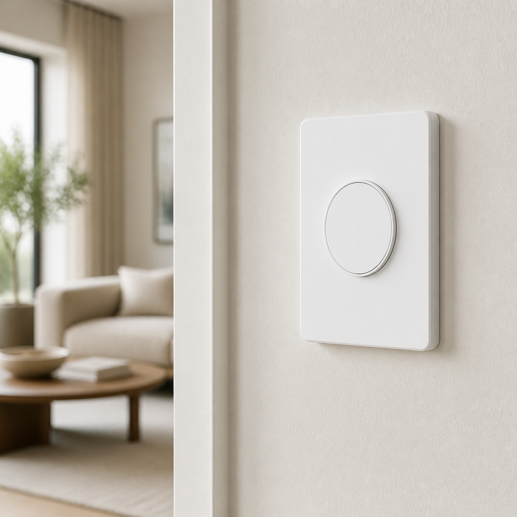 NéoRelay Mini ZigBee Pro white wall switch installed in a modern living room