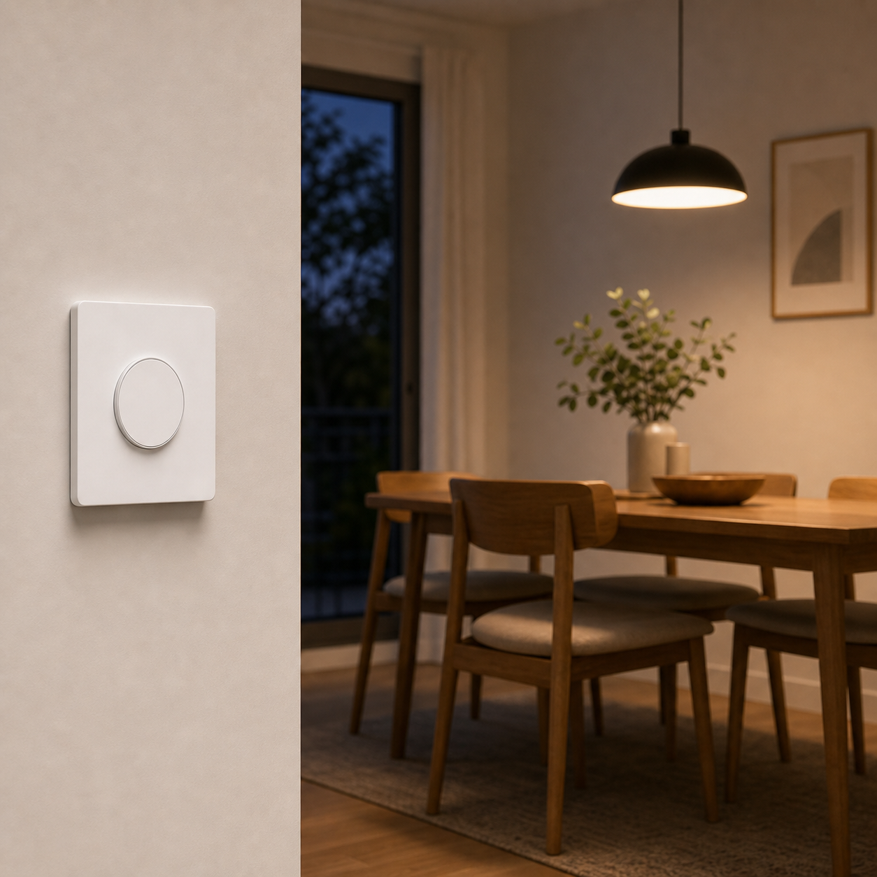 NéoRelay Mini ZigBee Pro wall switch in a warmly lit dining room