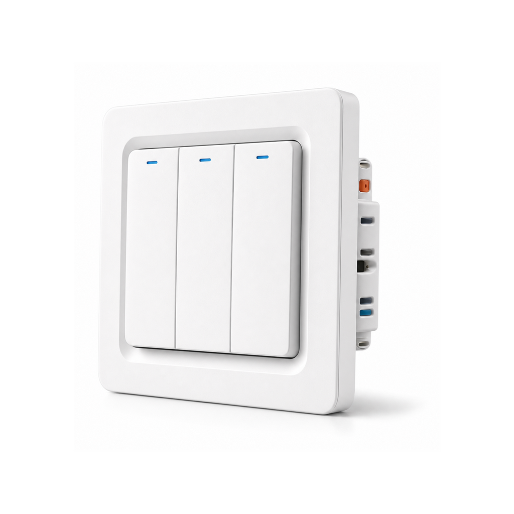 Interrupteur ZigBee NéoRelay Push Comfort blanc vue inclinée trois canaux