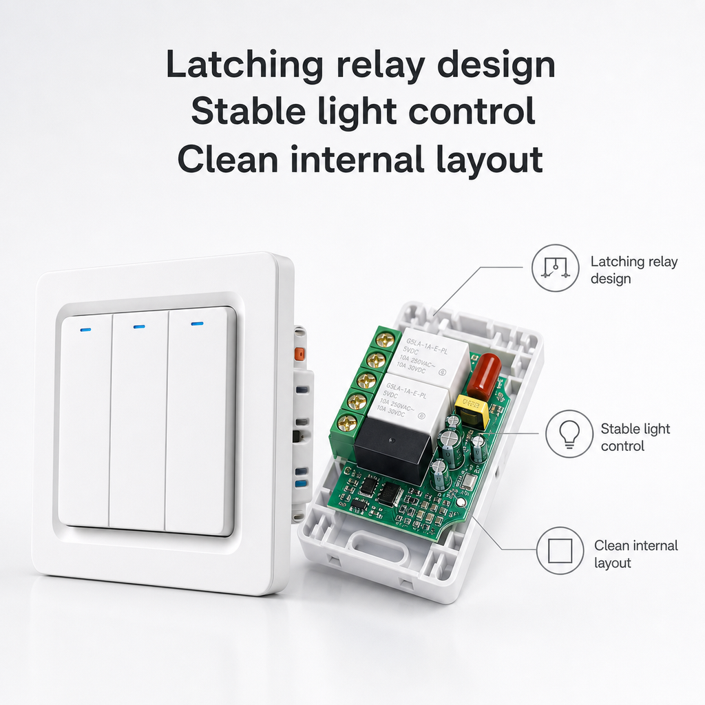 Latching relay design feature image for NéoRelay Push Comfort ZigBee switch