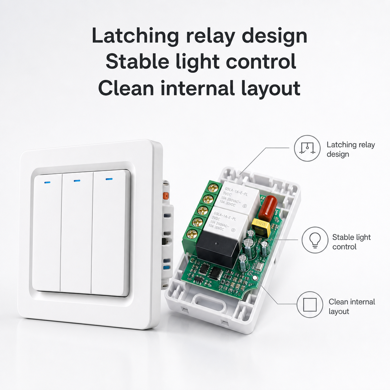 Latching relay design feature image for NéoRelay Push Comfort ZigBee switch
