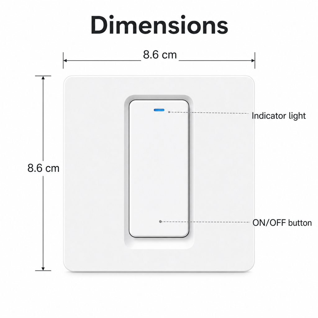Dimension diagram for one-button NéoRelay Push Comfort ZigBee wall switch