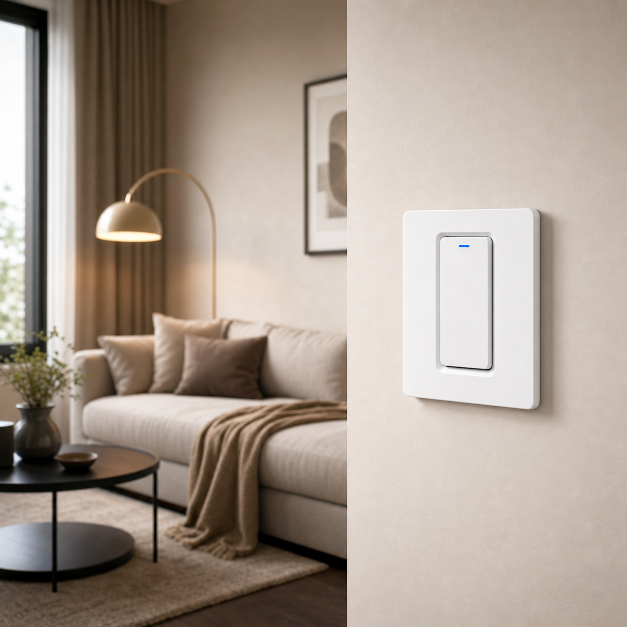 One-button NéoRelay Push Comfort switch installed in a modern living room
