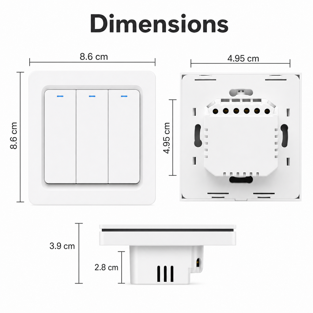 Dimension diagram for three-button NéoRelay Push Comfort ZigBee wall switch