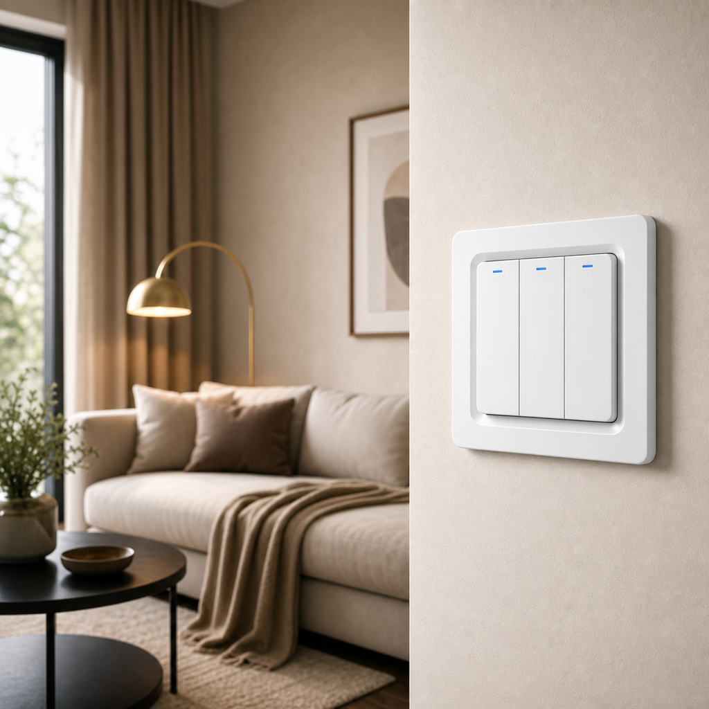 Three-button NéoRelay Push Comfort switch installed in a modern living room