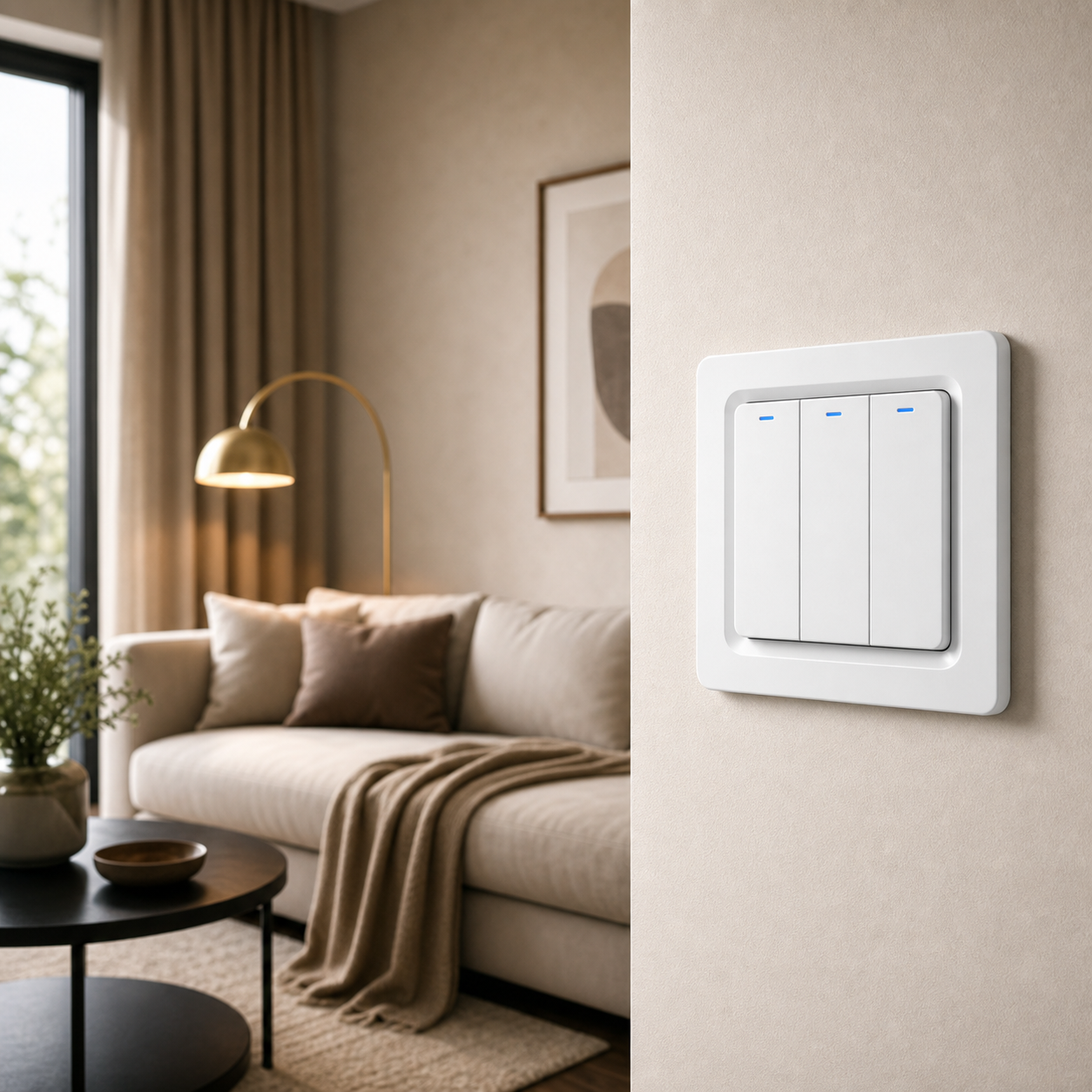 Three-button NéoRelay Push Comfort switch installed in a modern living room