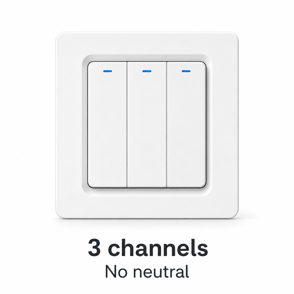 Three-channel no-neutral variant of NéoRelay Push Comfort ZigBee wall switch