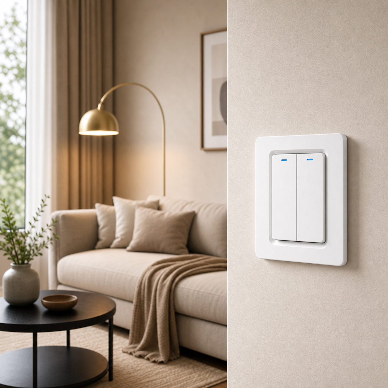 Two-button NéoRelay Push Comfort switch installed in a modern living room