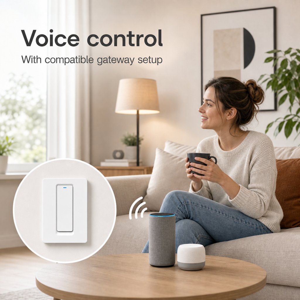 Voice control compatibility image for NéoRelay Push Comfort with compatible gateway setup