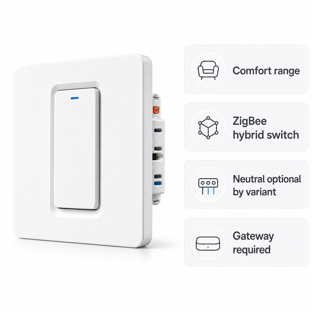 Overview image of NéoRelay Push Comfort ZigBee hybrid wall switch
