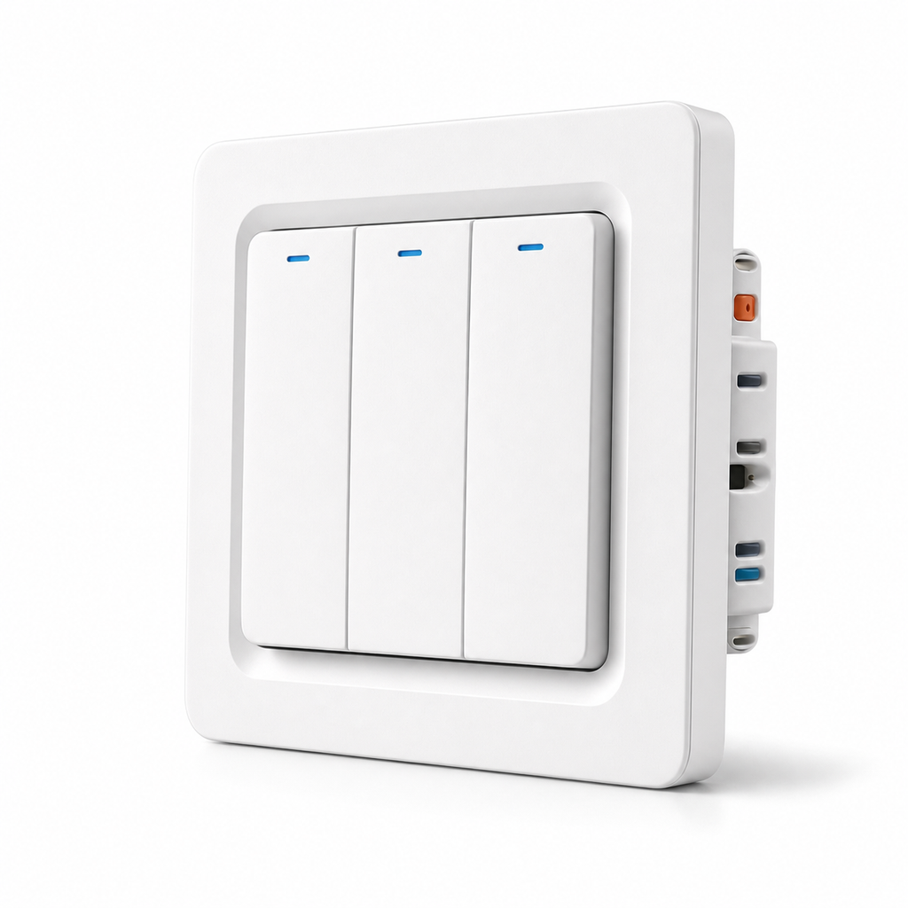 Studio packshot of NéoRelay Push Comfort three-button ZigBee wall switch