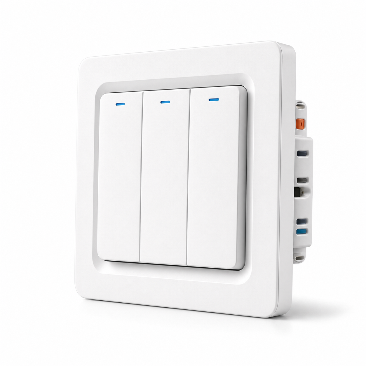 Studio packshot of NéoRelay Push Comfort three-button ZigBee wall switch