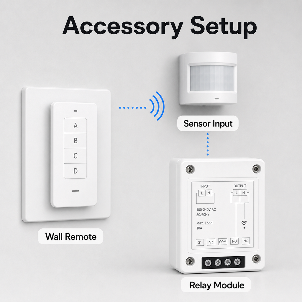 Accessory setup with wall remote sensor input and relay module