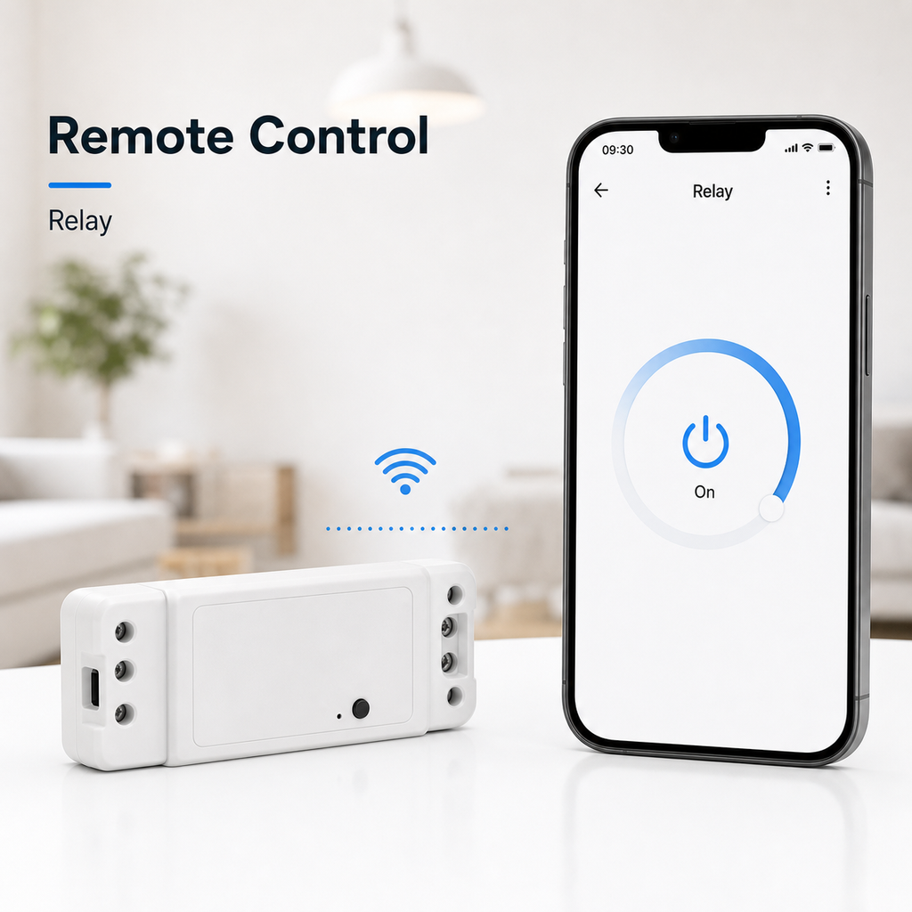 Clean app remote control screen beside RF R2 relay module