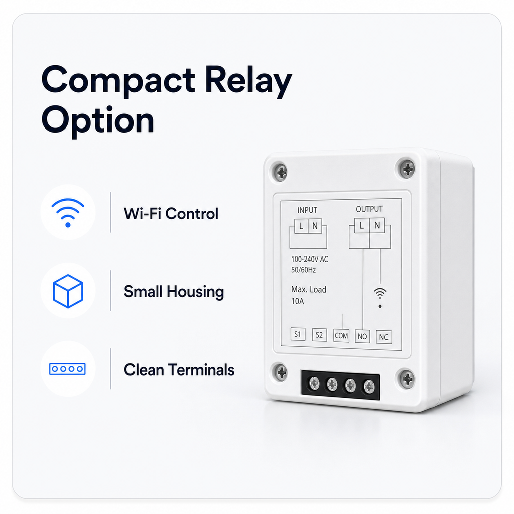 Compact relay option card with Wi-Fi control and clean terminals