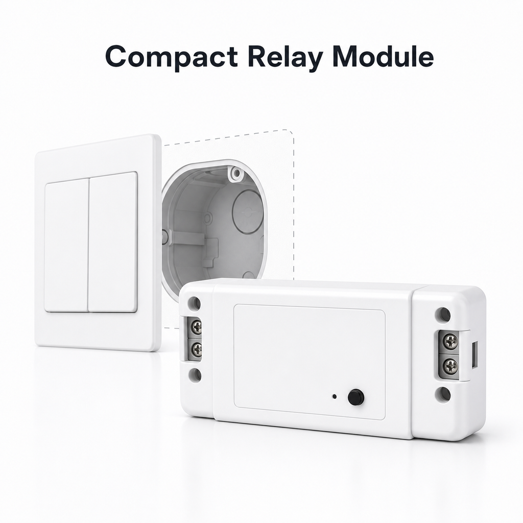 Compact relay module shown with wall box installation context