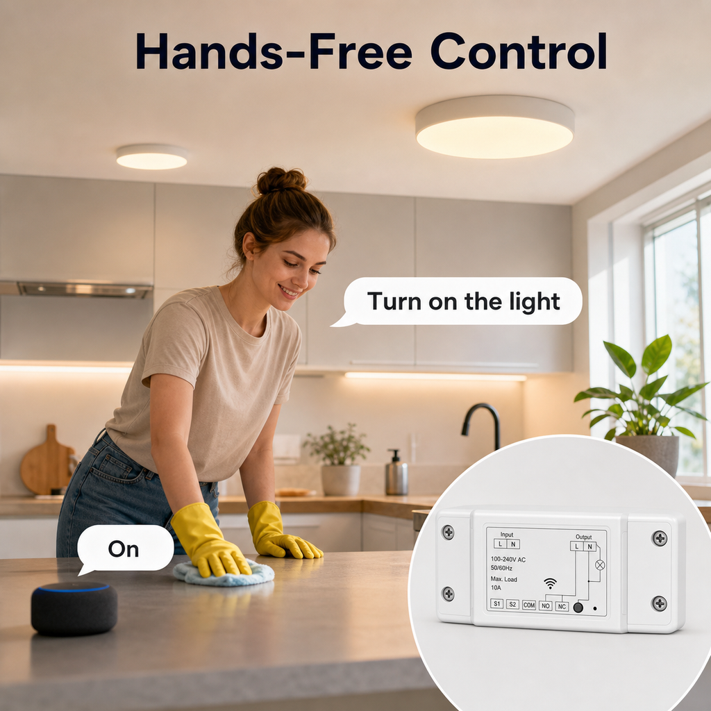 Hands-free voice control lifestyle scene for Wi-Fi RF relay module