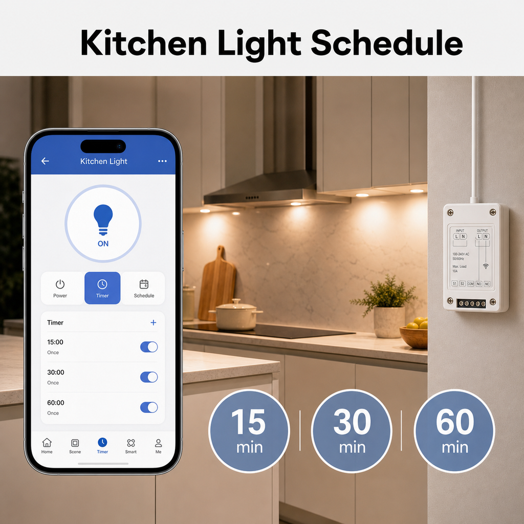 Kitchen light schedule scene with app timer controls