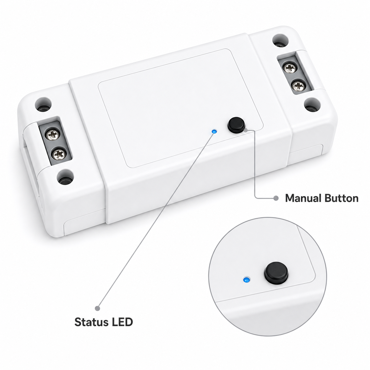 Manual button and status LED detail on relay module