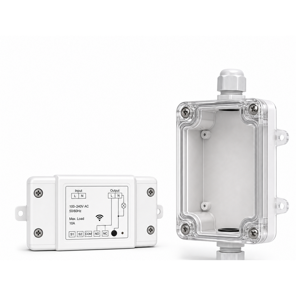 Module NéoRelay RF R2 Pro avec boîtier IP66 sur fond blanc