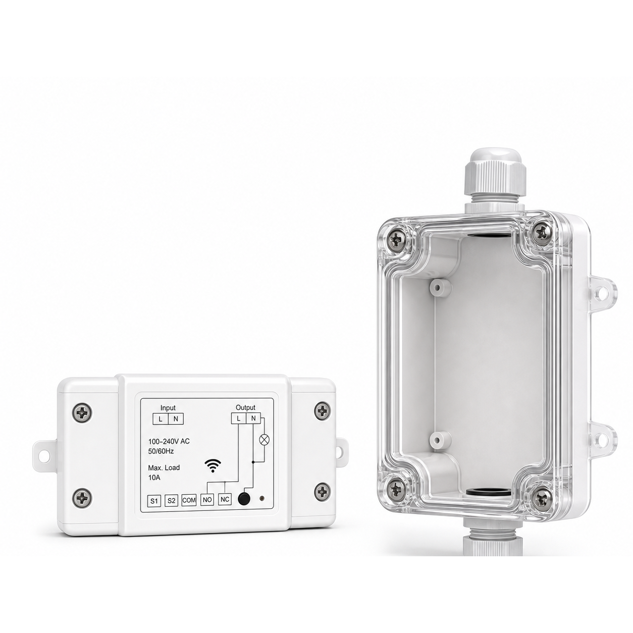 Module NéoRelay RF R2 Pro avec boîtier IP66 sur fond blanc