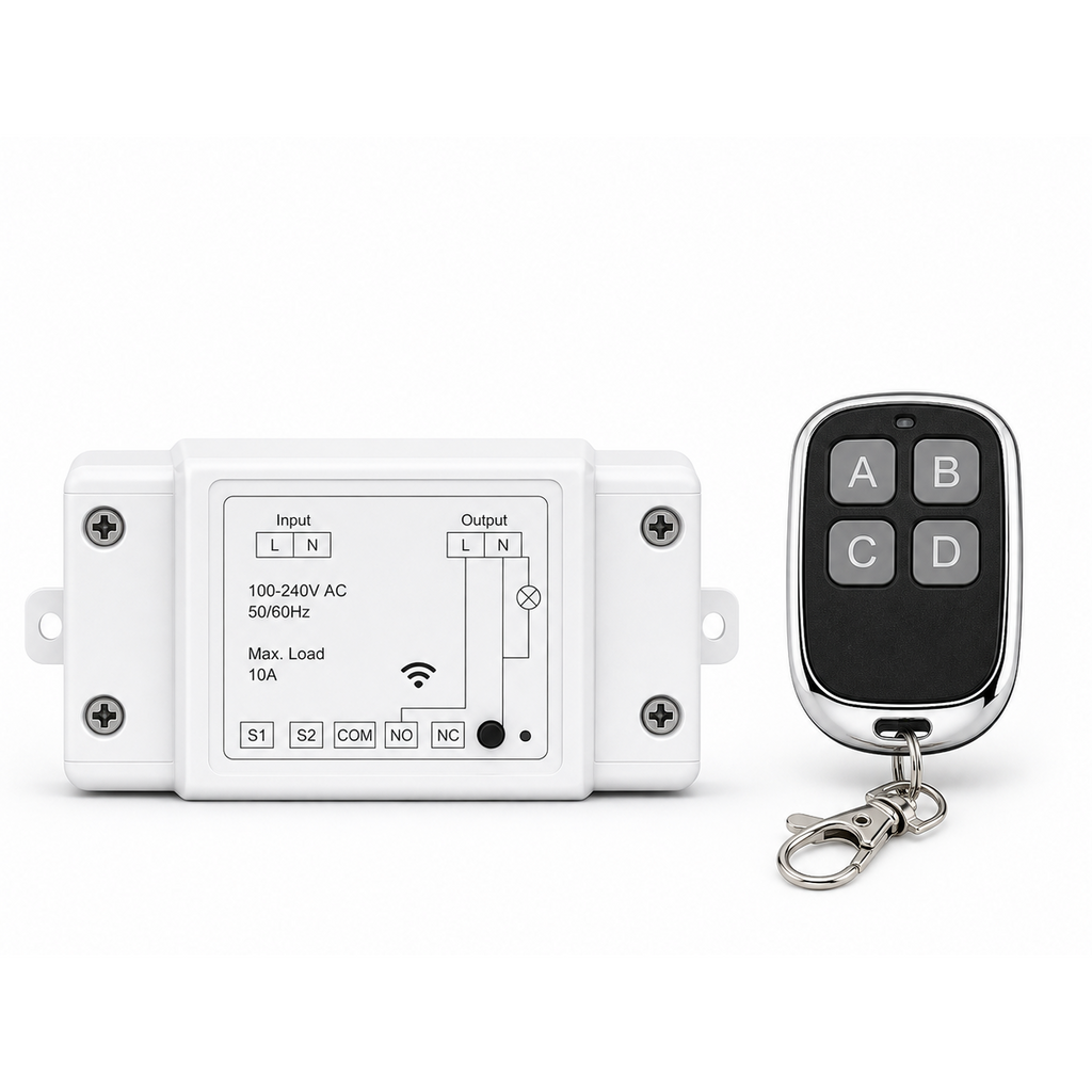 Module NéoRelay RF R2 Pro avec télécommande 433 MHz sur fond blanc