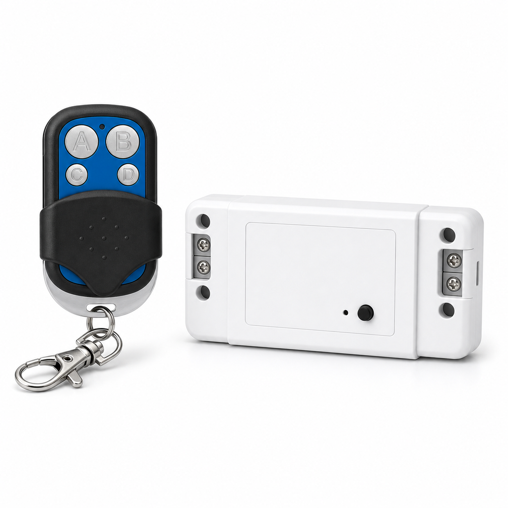 Module relais NéoRelay RF R2 Pro avec télécommande 433 MHz 4 boutons sur fond blanc