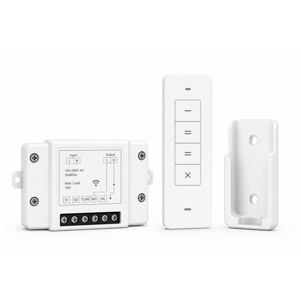 Module NéoRelay RF R2 Pro avec télécommande RF et support sur fond blanc