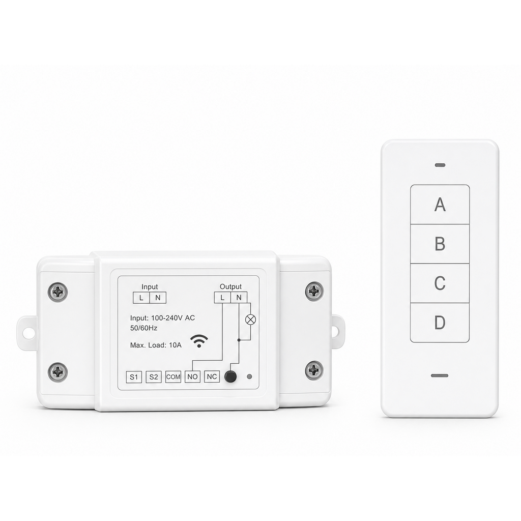 Module NéoRelay RF R2 Pro avec télécommande RF murale sur fond blanc