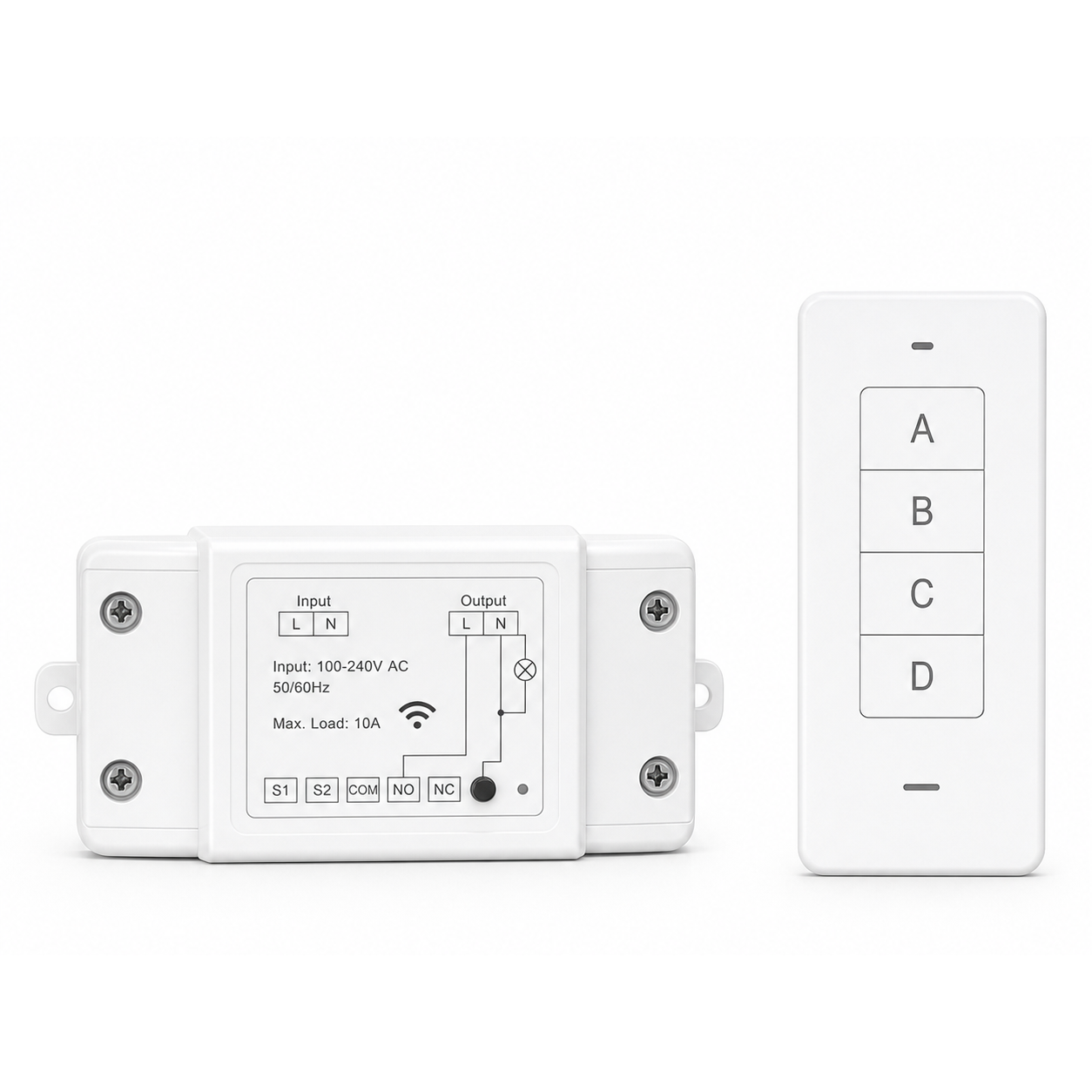Module NéoRelay RF R2 Pro avec télécommande RF murale sur fond blanc