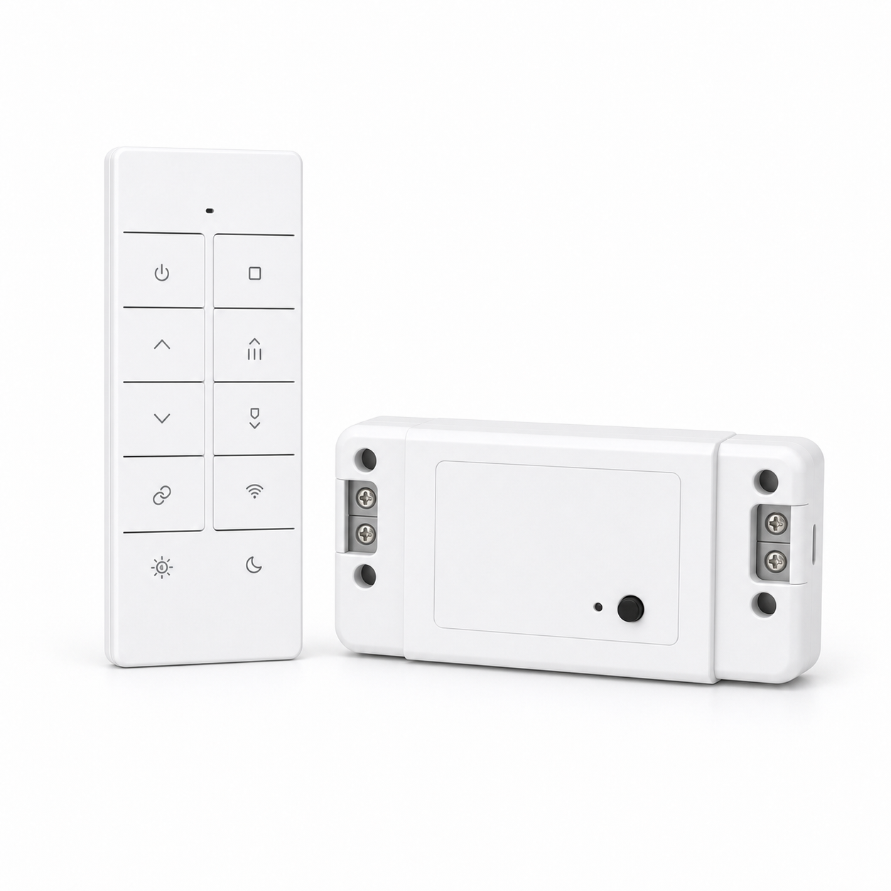 Module relais NéoRelay RF R2 Pro avec télécommande RM433R2 8 boutons sur fond blanc